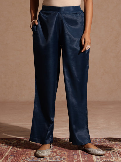 Janasya Women's Teal Blue Silk Blend Zari Embroidered Straight Kurta Set