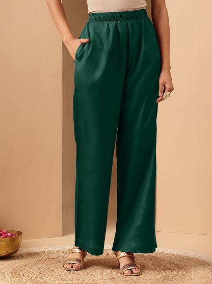 Janasya Women's Bottle Green Silk Blend Zari Embroidered Straight Kurta Set