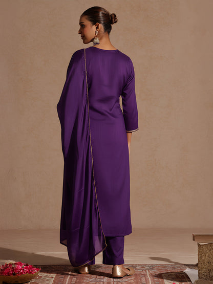 Janasya Women's Purple Silk Blend Embroidered Straight Kurta Set