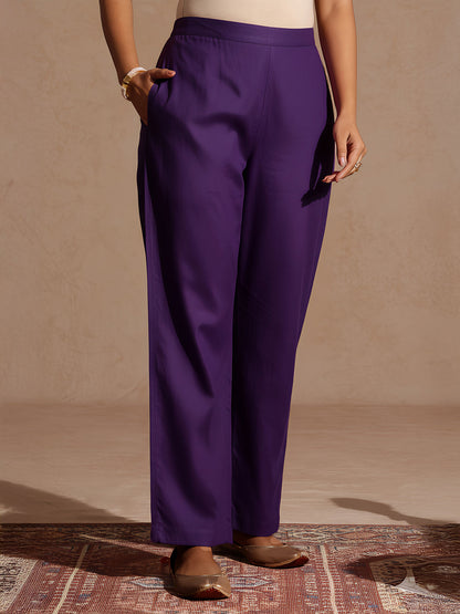 Janasya Women's Purple Silk Blend Embroidered Straight Kurta Set