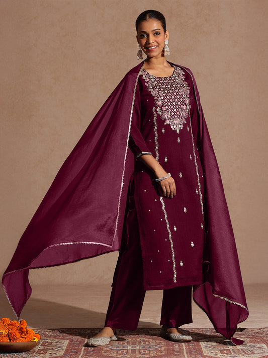 Janasya Women's Maroon Silk Blend Embroidered Straight Kurta Set