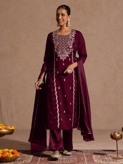 Janasya Women's Maroon Silk Blend Embroidered Straight Kurta Set