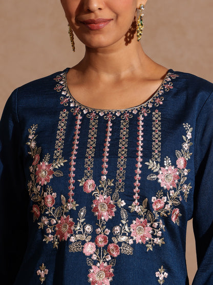 Janasya Women's Teal Blue Silk Blend Embroidered Straight Kurta Set