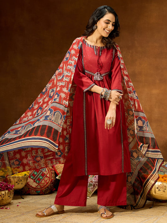 Janasya Women's Maroon Pure Cotton Embellished Straight Kurta With Palazzo & Dupatta Set