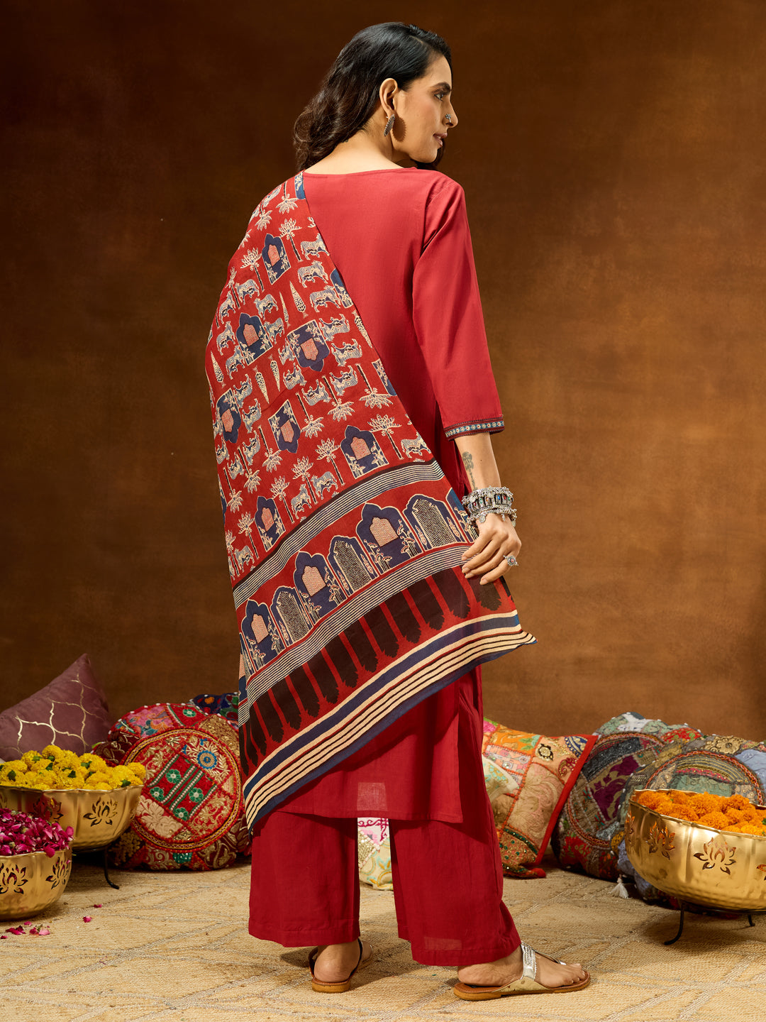 Janasya Women's Maroon Pure Cotton Embellished Straight Kurta With Palazzo & Dupatta Set