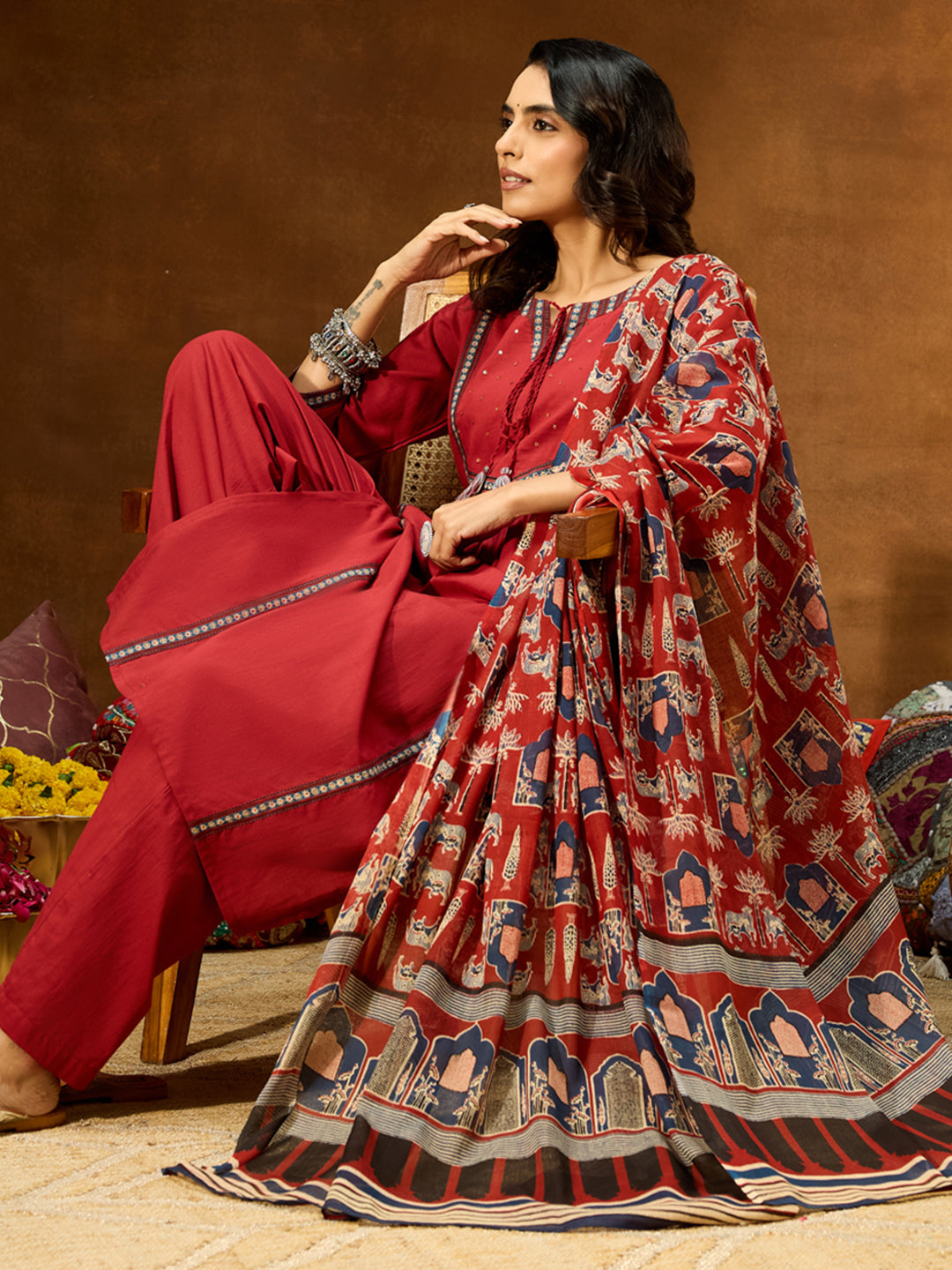 Janasya Women's Maroon Pure Cotton Embellished Straight Kurta With Palazzo & Dupatta Set