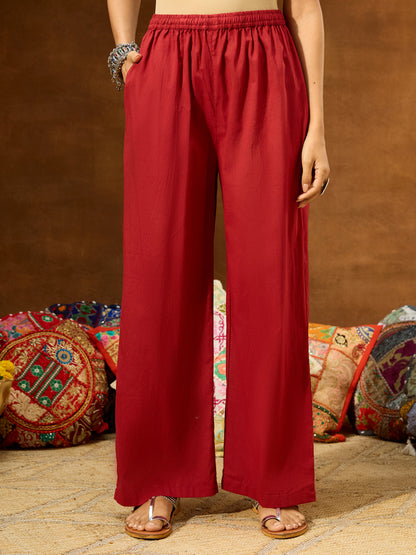 Janasya Women's Maroon Pure Cotton Embellished Straight Kurta With Palazzo & Dupatta Set