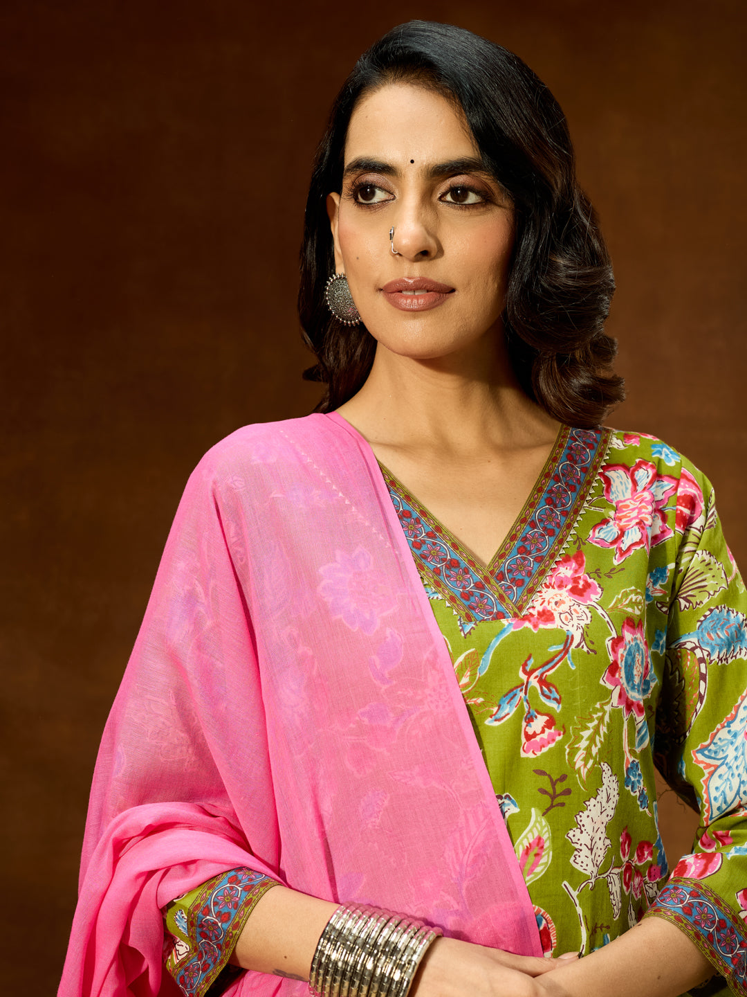 Janasya Women's Green Pure Cotton Floral Printed Kurta With Palazzo & Dupatta Set