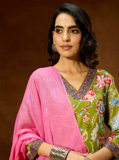 Janasya Women's Green Pure Cotton Floral Printed Kurta With Palazzo & Dupatta Set