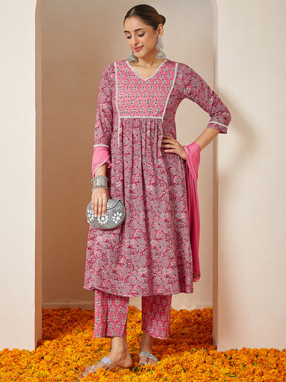 Janasya Women's Pink Pure Cotton Floral Printed A-line Kurta Set