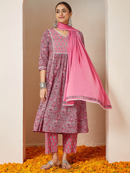 Janasya Women's Pink Pure Cotton Floral Printed A-line Kurta Set