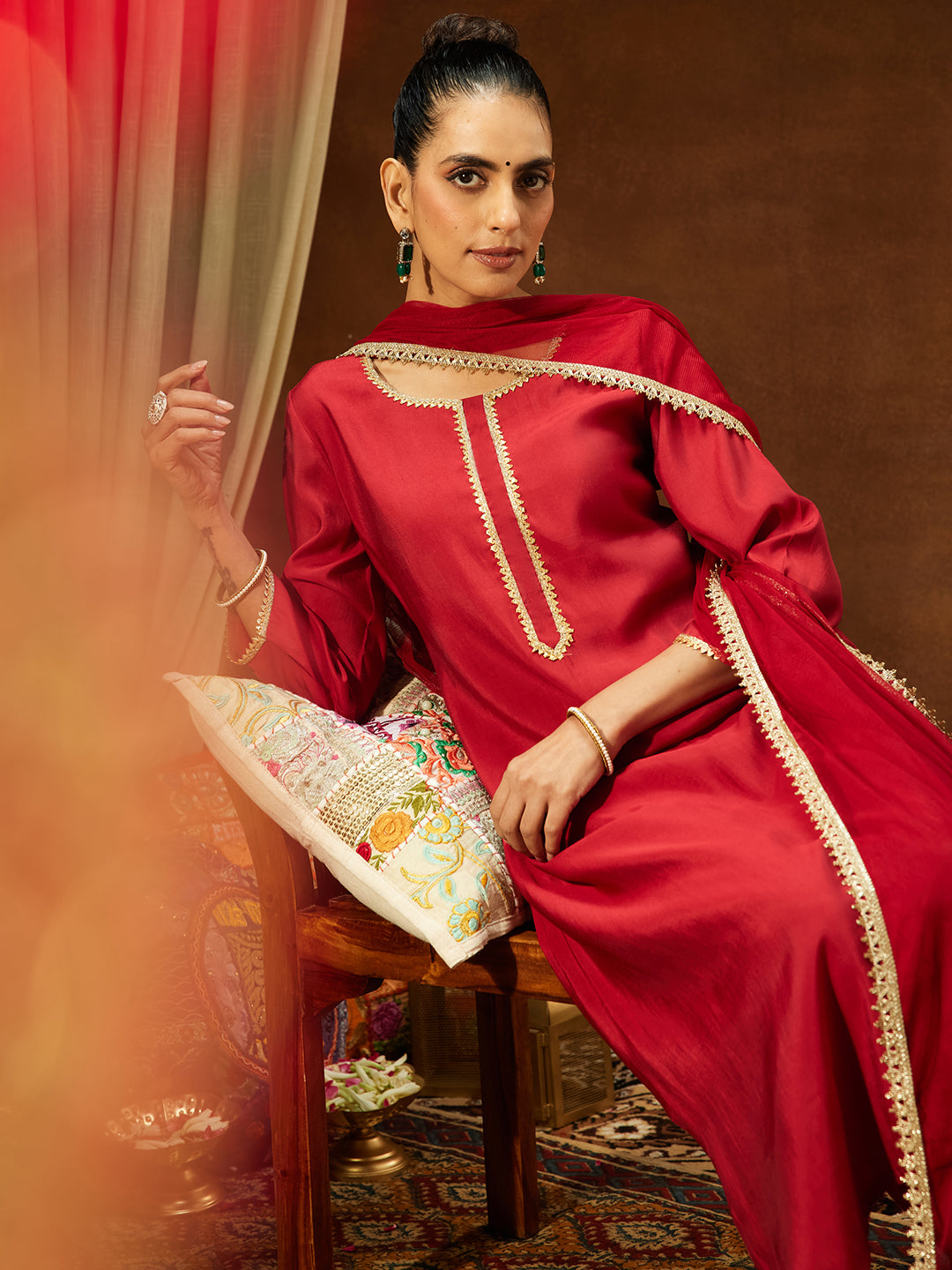 Janasya Women's Maroon Chanderi Silk Yoke Design Straight Kurta Set