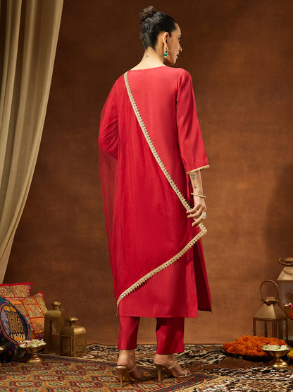 Janasya Women's Maroon Chanderi Silk Yoke Design Straight Kurta Set