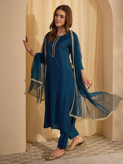 Janasya Women's Teal Blue Chanderi Silk Yoke Design Straight Kurta Set