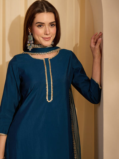 Janasya Women's Teal Blue Chanderi Silk Yoke Design Straight Kurta Set