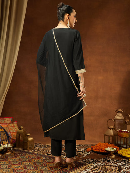 Janasya Women's Black Chanderi Silk Yoke Design Straight Kurta Set