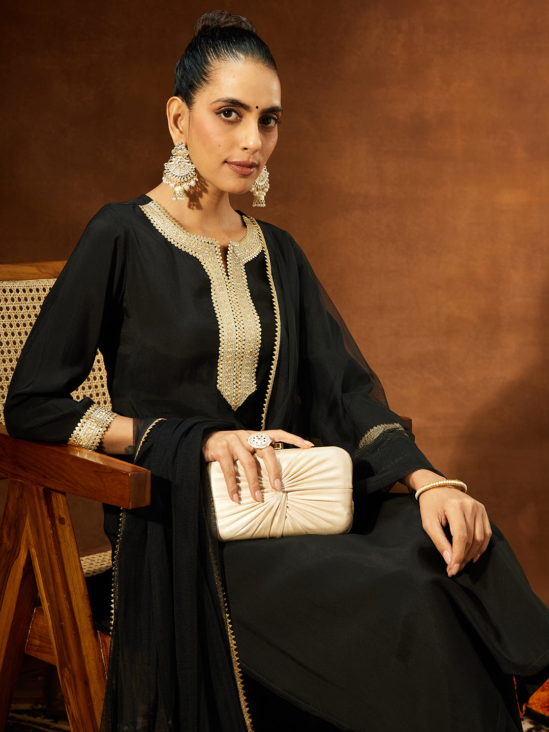 Janasya Women's Black Chanderi Silk Yoke Design Straight Kurta Set