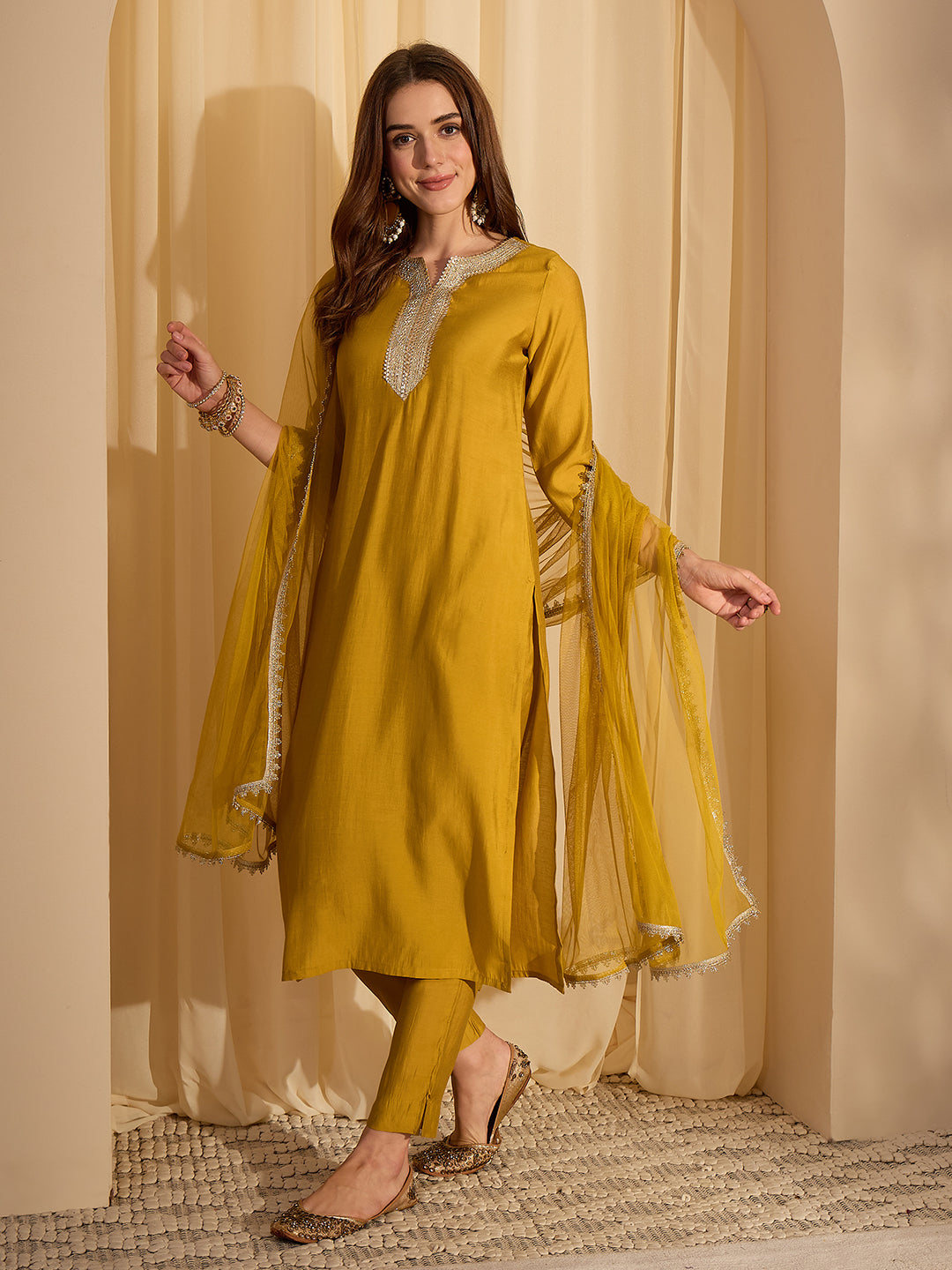Janasya Women's Mustard Yellow Chanderi Silk Yoke Design Straight Kurta Set