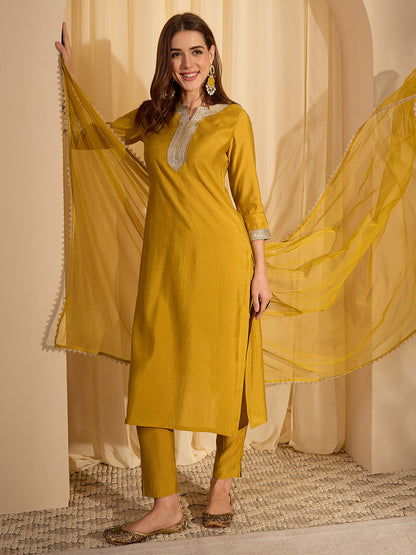 Janasya Women's Mustard Yellow Chanderi Silk Yoke Design Straight Kurta Set