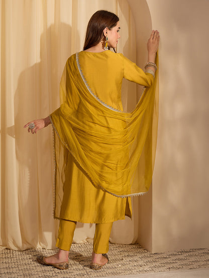 Janasya Women's Mustard Yellow Chanderi Silk Yoke Design Straight Kurta Set