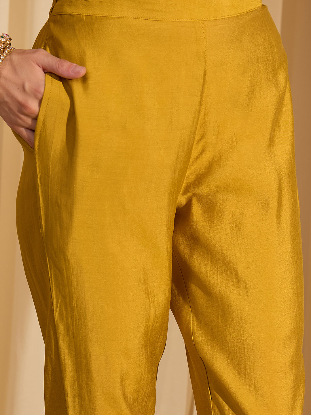 Janasya Women's Mustard Yellow Chanderi Silk Yoke Design Straight Kurta Set