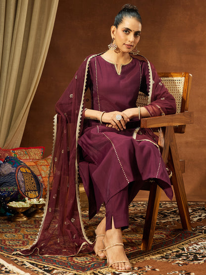 Janasya Women's Wine Chanderi Silk Embellished Straight Kurta Set
