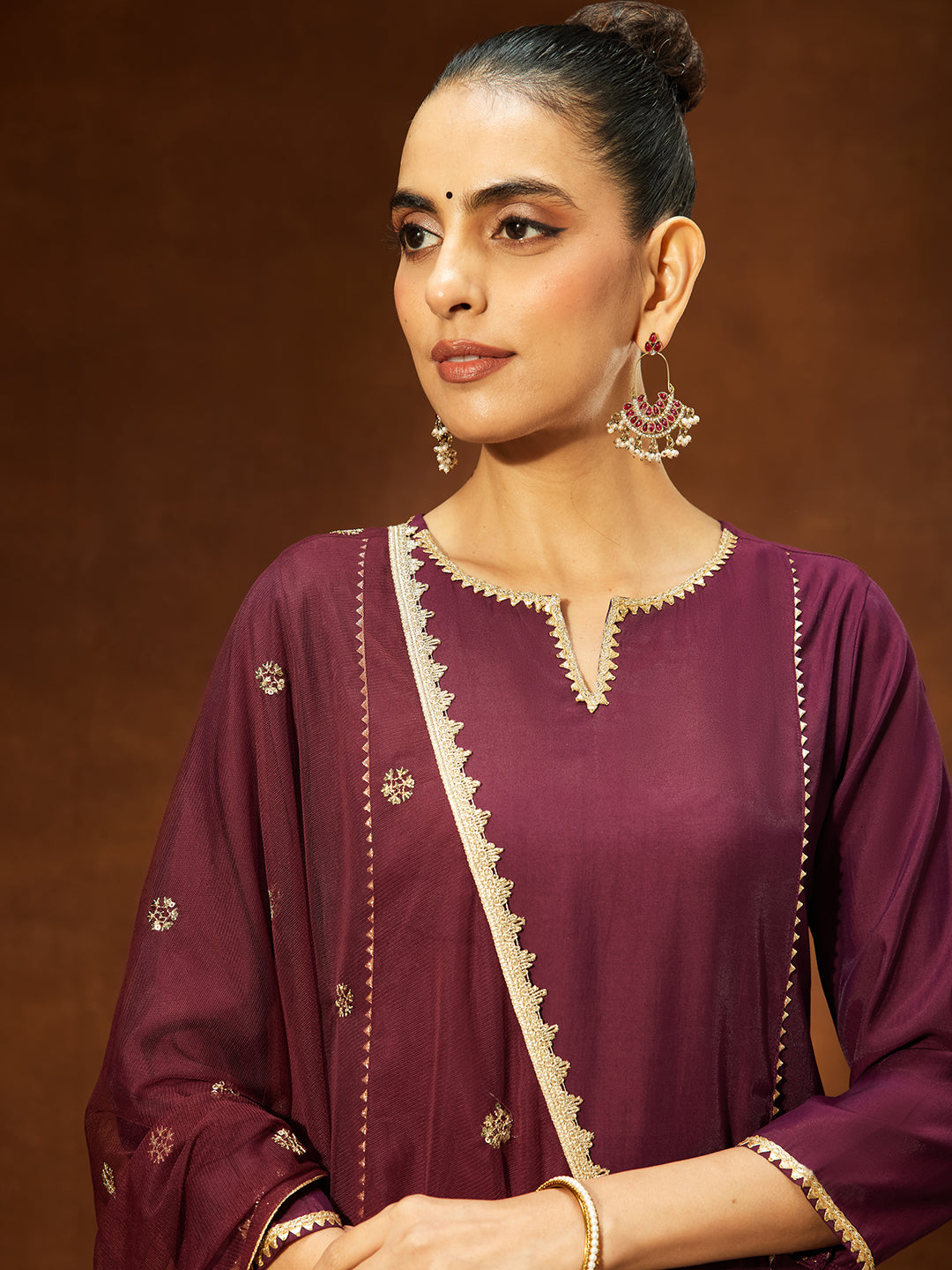 Janasya Women's Wine Chanderi Silk Embellished Straight Kurta Set