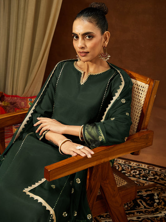 Janasya Women's Bottle Green Chanderi Silk Embellished Straight Kurta Set