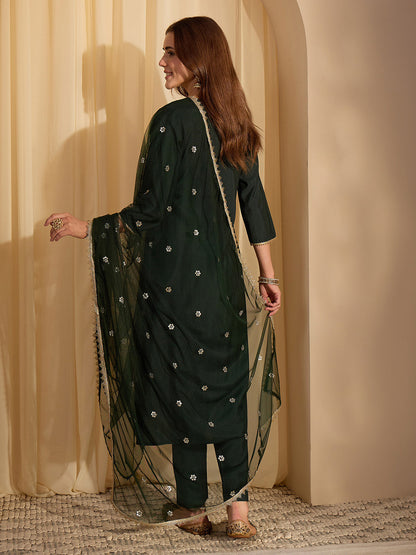 Janasya Women's Bottle Green Chanderi Silk Embellished Straight Kurta Set