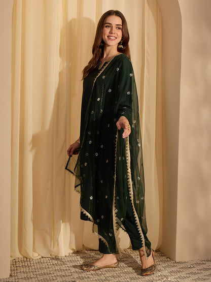 Janasya Women's Bottle Green Chanderi Silk Embellished Straight Kurta Set