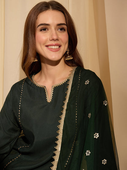 Janasya Women's Bottle Green Chanderi Silk Embellished Straight Kurta Set