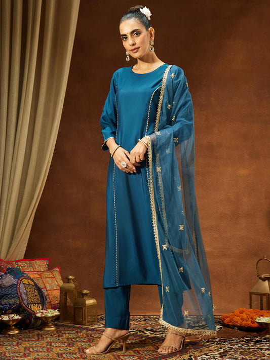 Janasya Women's Teal Blue Chanderi Silk Embelished Straight Kurta Set