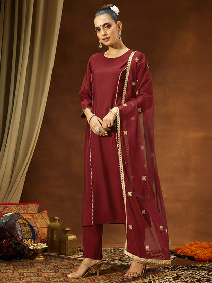 Janasya Women's Maroon Chanderi Silk Embellished Straight Kurta Set