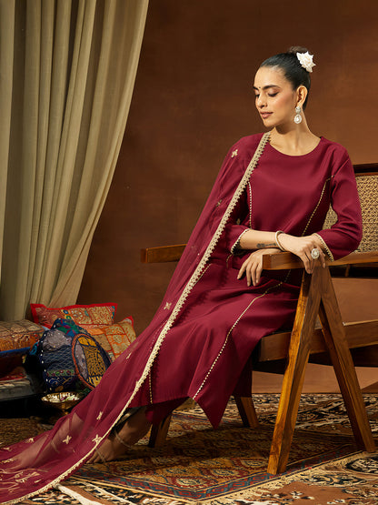 Janasya Women's Maroon Chanderi Silk Embellished Straight Kurta Set