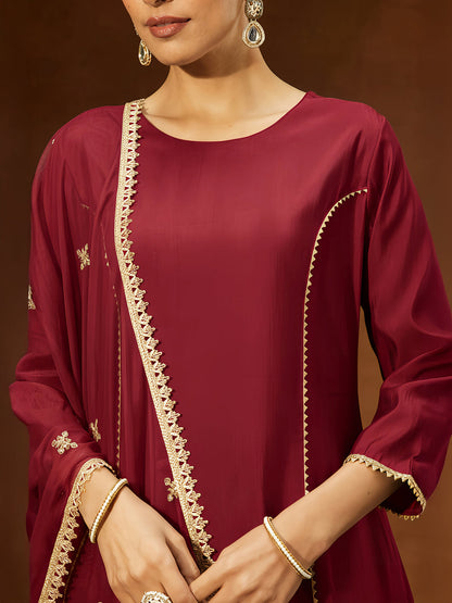 Janasya Women's Maroon Chanderi Silk Embellished Straight Kurta Set