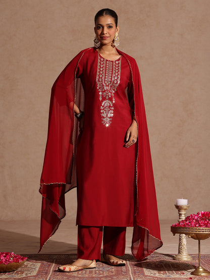 Janasya Women's Maroon Chanderi Silk Zari Yoke Embroidered Straight Kurta Set