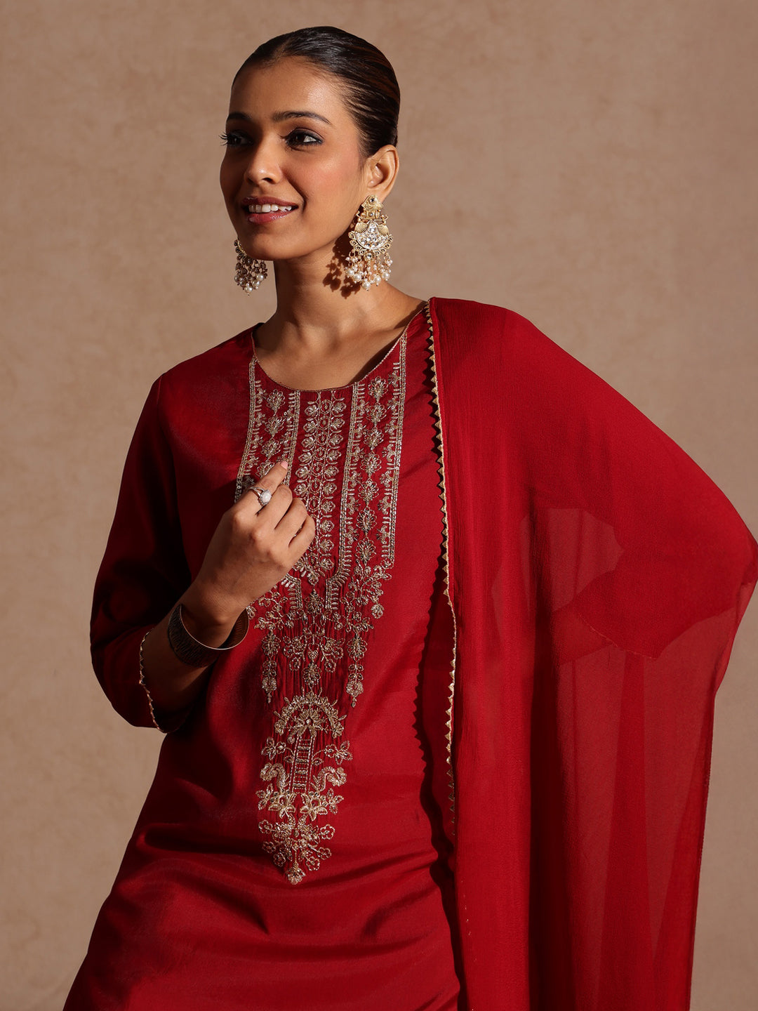 Janasya Women's Maroon Chanderi Silk Zari Yoke Embroidered Straight Kurta Set