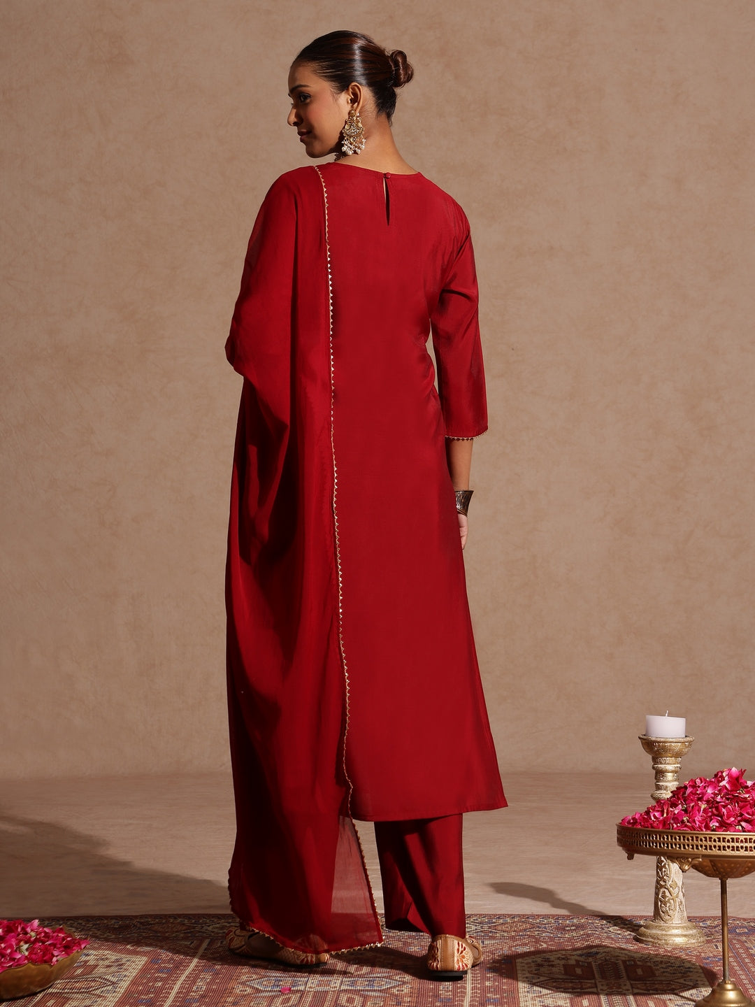 Janasya Women's Maroon Chanderi Silk Zari Yoke Embroidered Straight Kurta Set