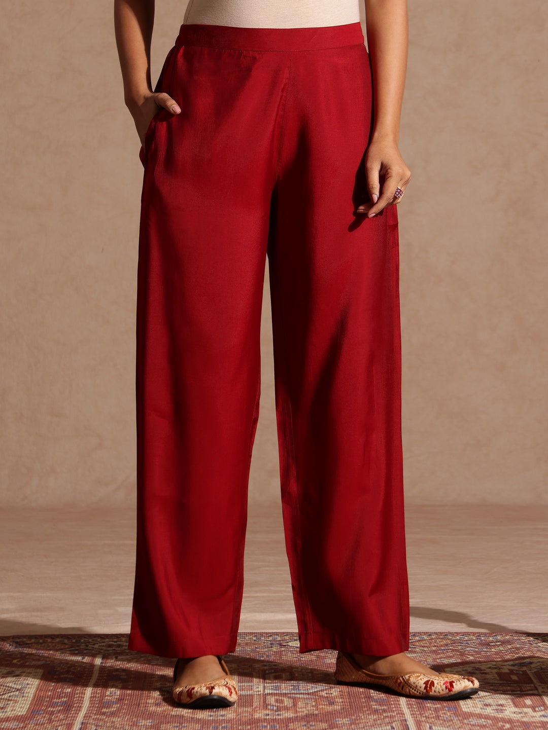 Janasya Women's Maroon Chanderi Silk Zari Yoke Embroidered Straight Kurta Set