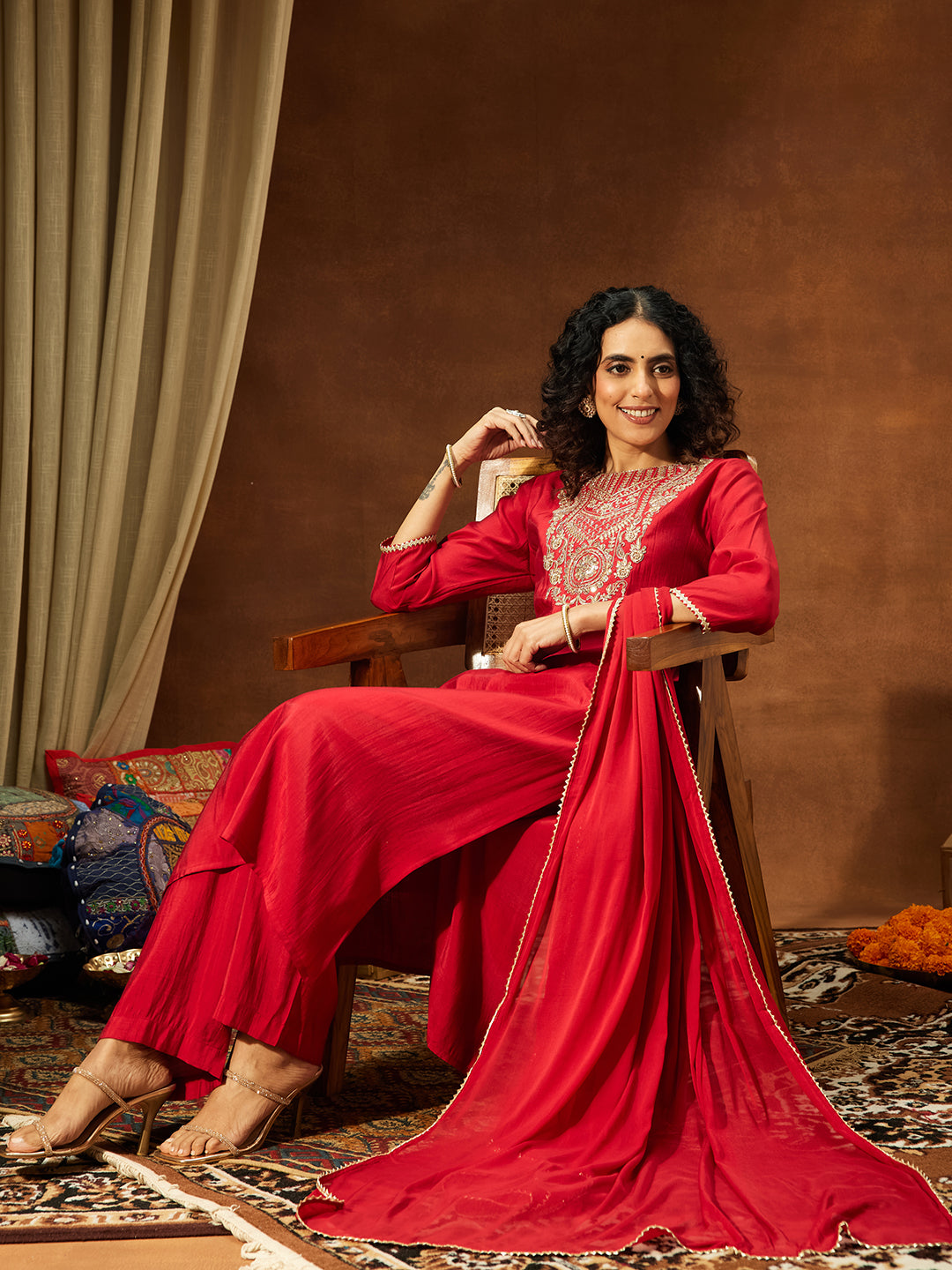 Janasya Women's Maroon Chanderi Silk Zari Yoke Embroidered Straight Kurta Set