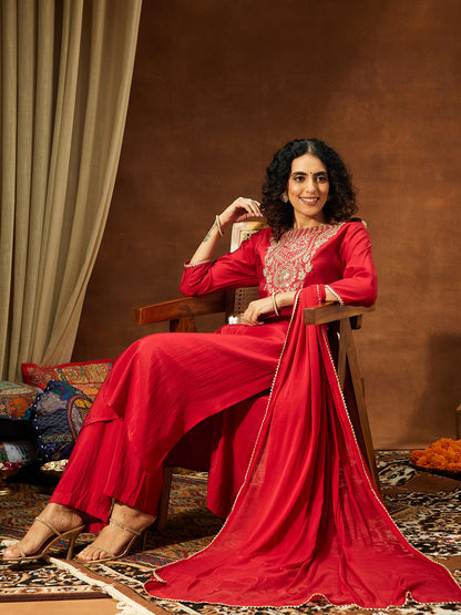 Janasya Women's Maroon Chanderi Silk Zari Yoke Embroidered Straight Kurta Set