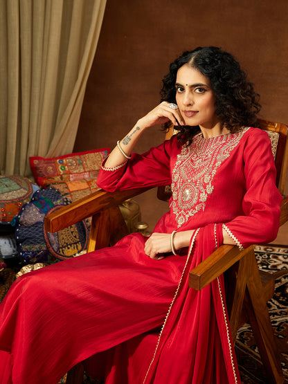 Janasya Women's Maroon Chanderi Silk Zari Yoke Embroidered Straight Kurta Set