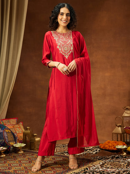 Janasya Women's Maroon Chanderi Silk Zari Yoke Embroidered Straight Kurta Set