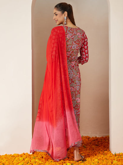 Janasya Women's Red Pure Cotton Floral Printed A-line Kurta Set