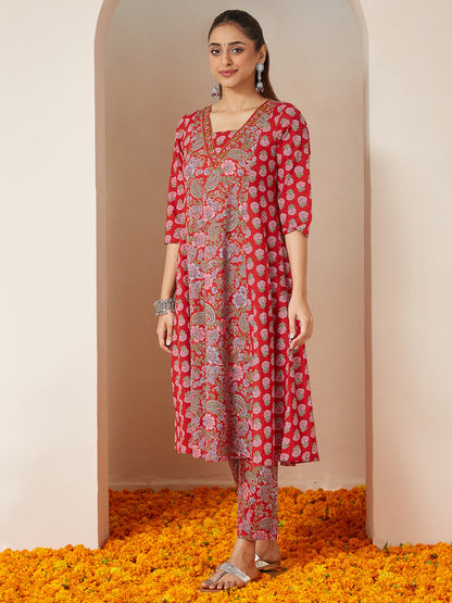 Janasya Women's Red Pure Cotton Floral Printed A-line Kurta Set