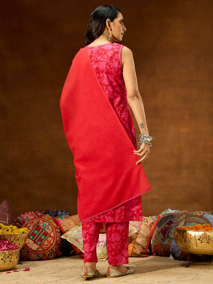 Janasya Women's Pink Pure Cotton Floral Printed Straight Kurta Set