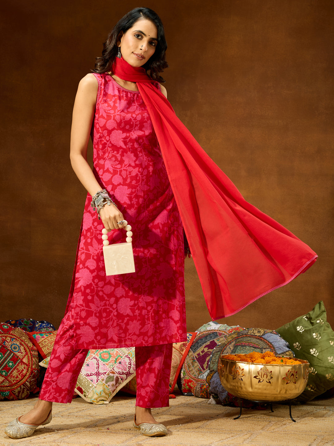 Janasya Women's Pink Pure Cotton Floral Printed Straight Kurta Set