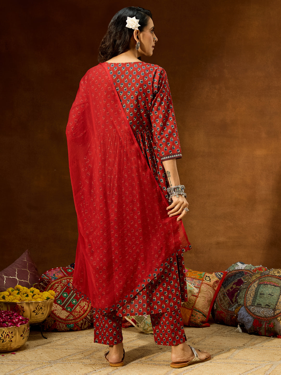 Janasya Women's Maroon Pure Cotton Floral Printed A-line Kurta Set