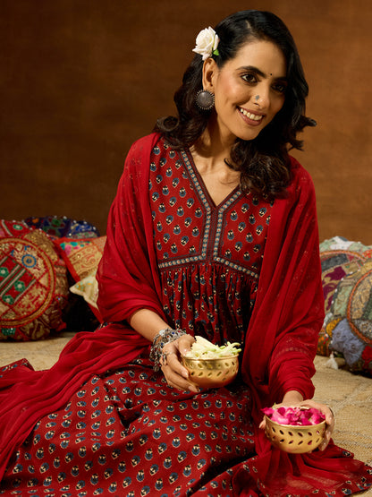 Janasya Women's Maroon Pure Cotton Floral Printed A-line Kurta Set