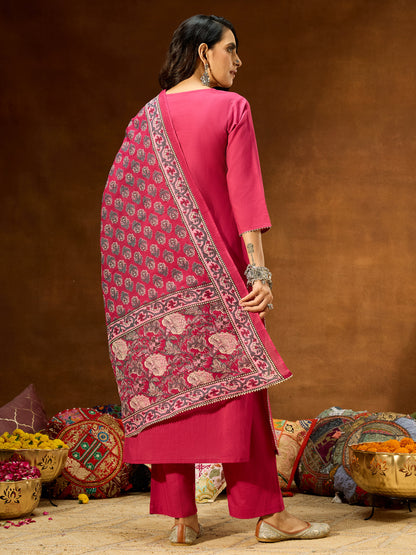 Janasya Women's Magenta Pure Cotton Self Design Straight Kurta Set With Printed Dupatta